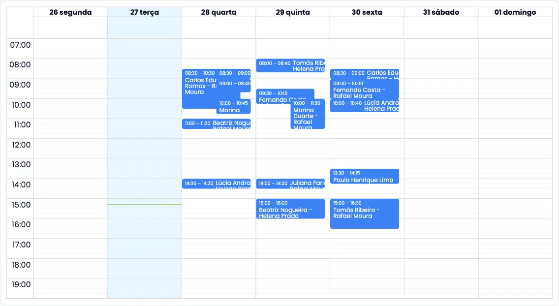 Agenda da semana com os horários de duas dentistas fictícias