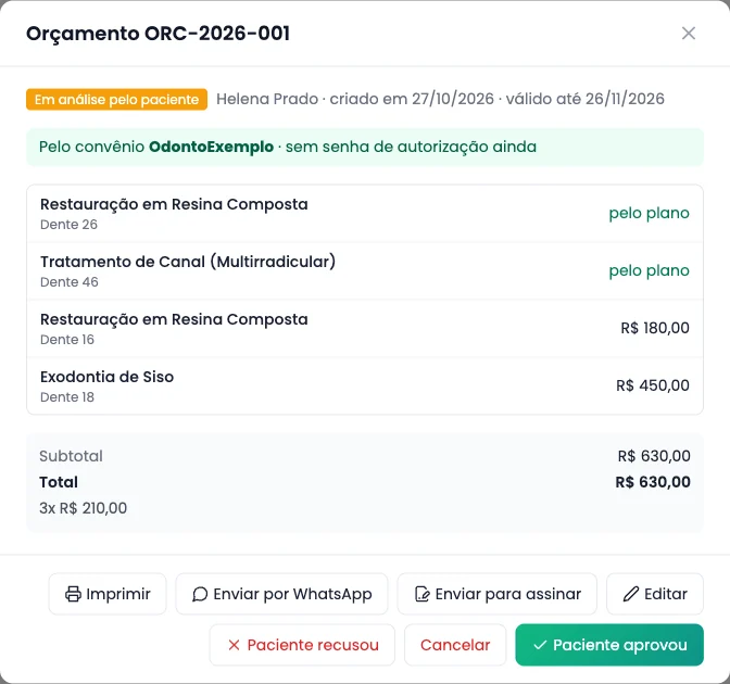 Orçamento pelo convênio OdontoExemplo: dois itens pelo plano e dois particulares, total de R$ 630 em três vezes